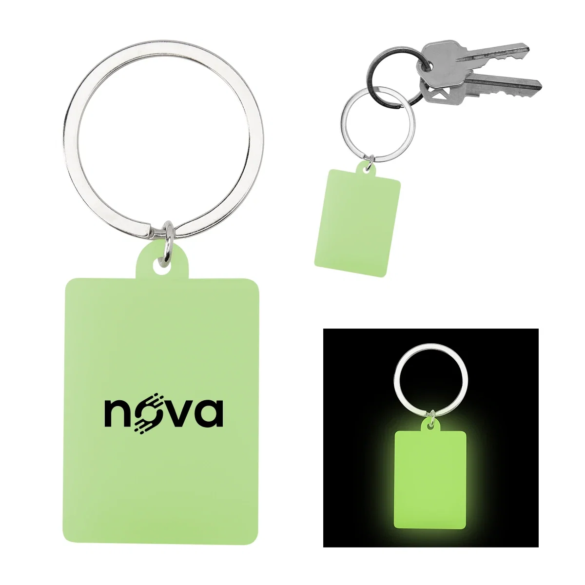 Slight tilt adds depth to the rectangular keychain