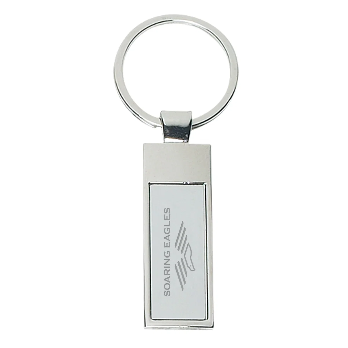 Rectangular chrome key tag measuring just over three inches tall