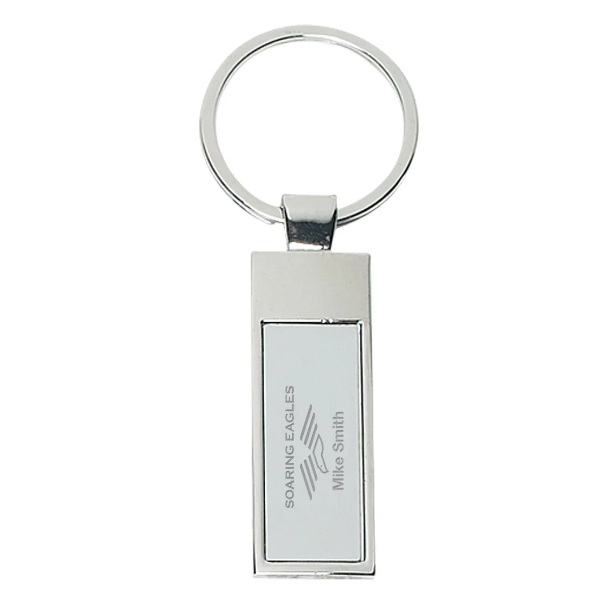 Reverse side of the shiny silver key tag