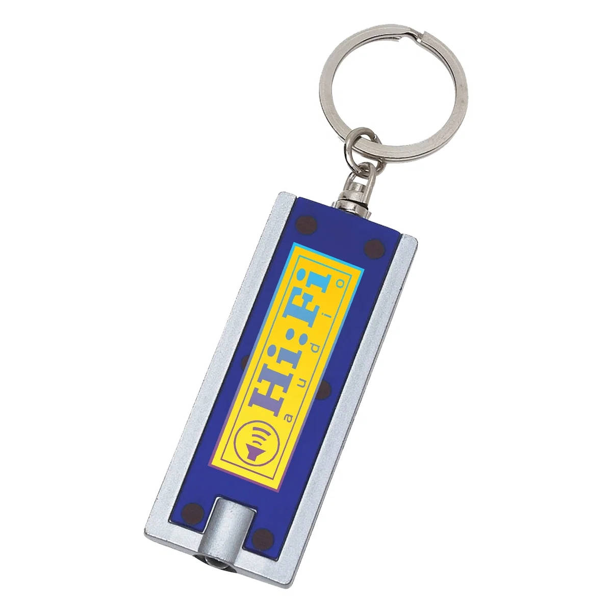 Rectangular LED key chain light with a silver trimmed edge