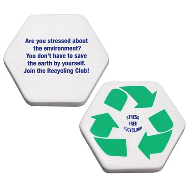 Recycling symbol shaped stress reliever, about 3.875 inches tall
