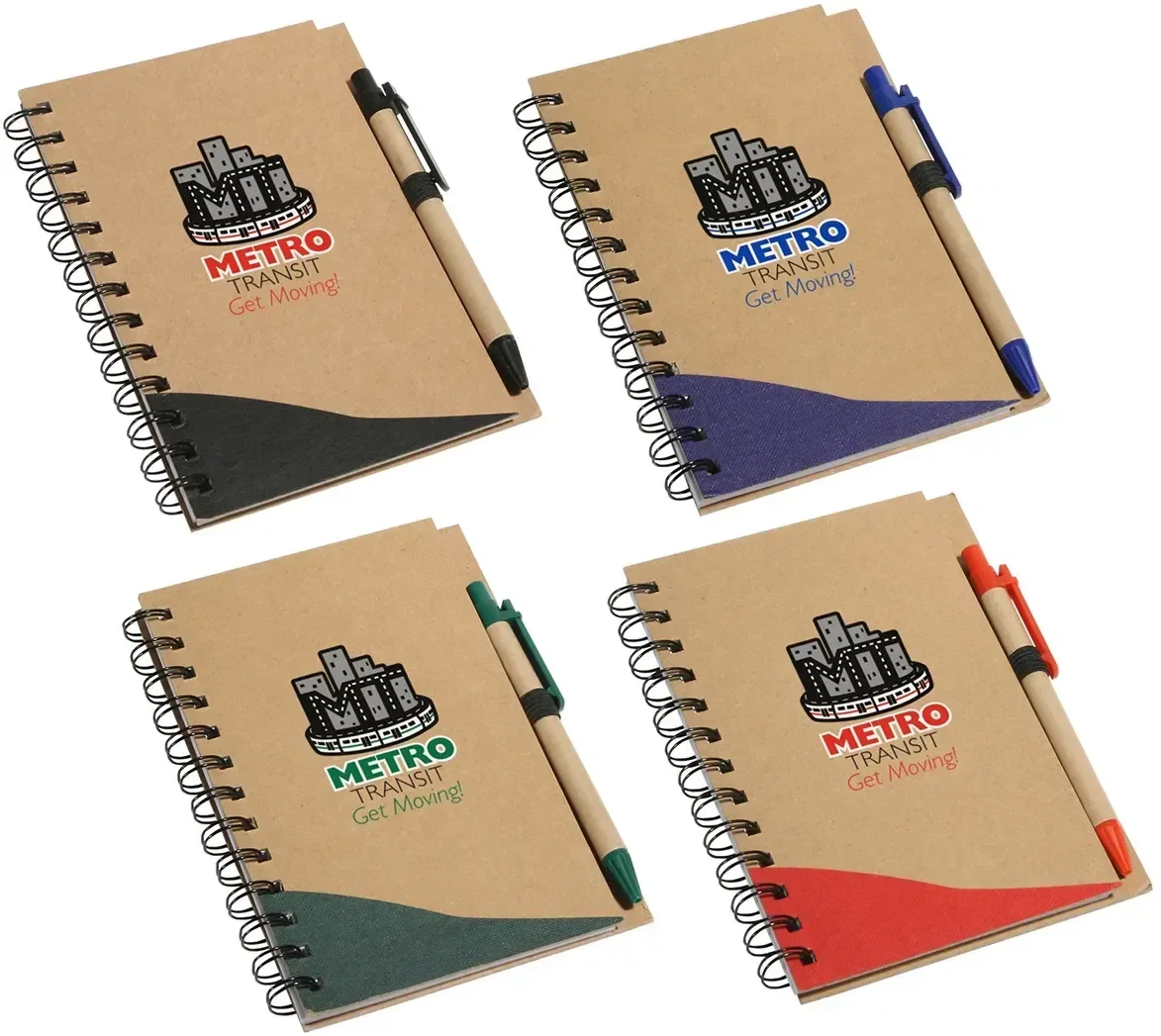 Recycle Write custom branded spiral notebook and pen set front view with logo area