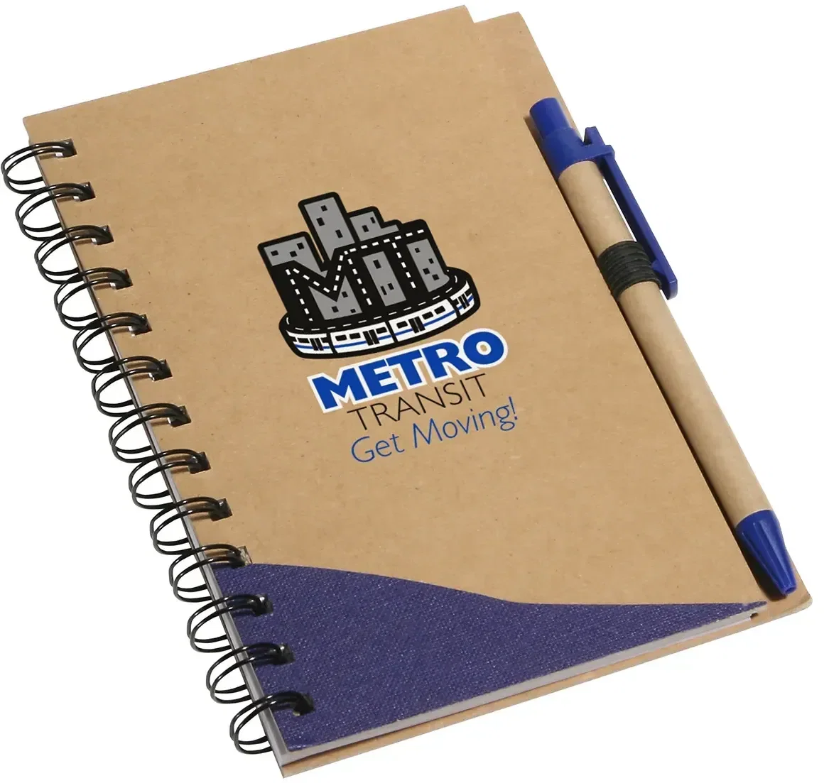Promotional recycled spiral notebook shown with matching branded pen