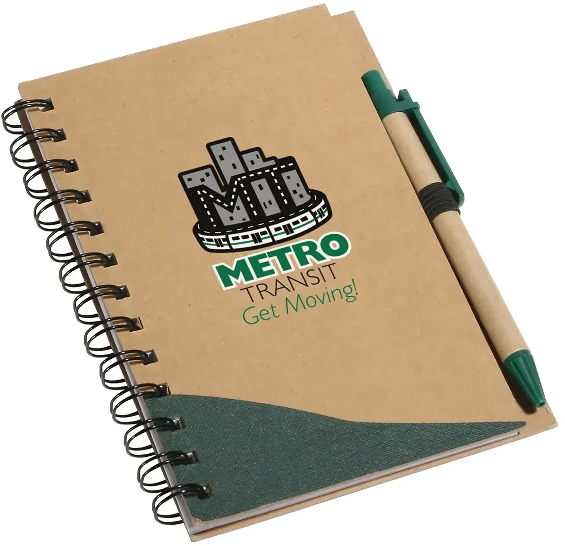 Branded spiral notebook open showing recycled lined pages