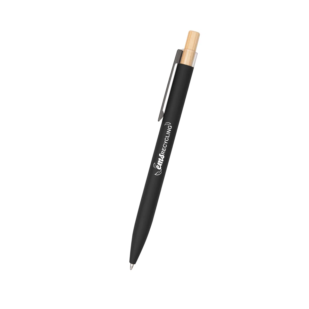 High-angle view of the recycled aluminum pen that reveals the overall shape