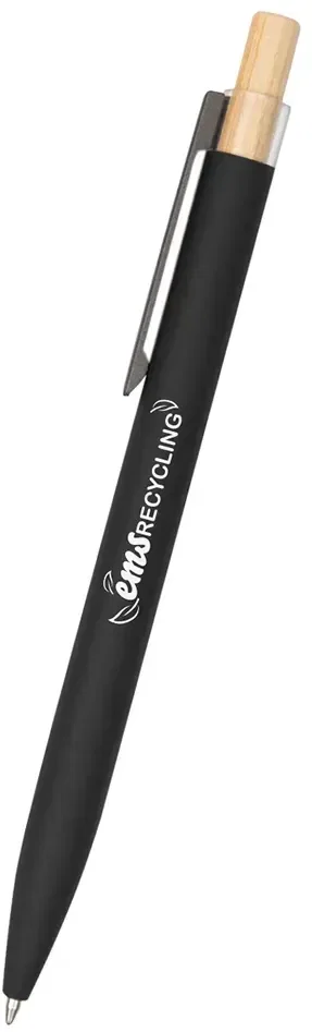 Recycled aluminum pen with a bamboo plunger shown at full length