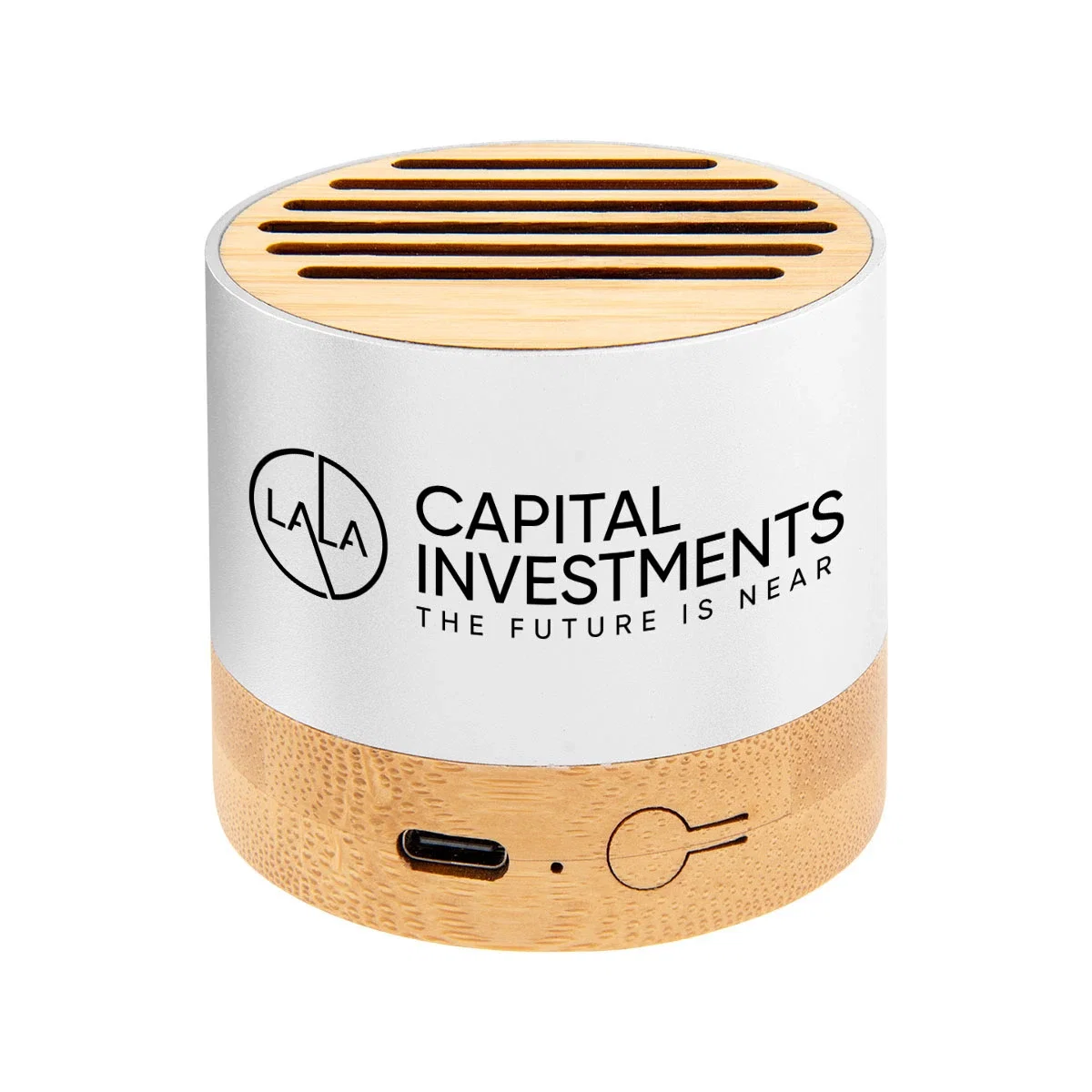Small round wireless speaker with recycled aluminum body and bamboo base