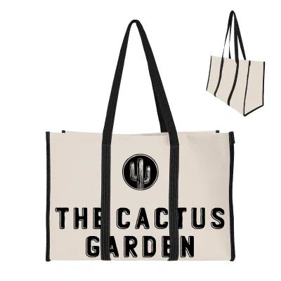 Natural canvas tote with contrasting trim and long shoulder handles