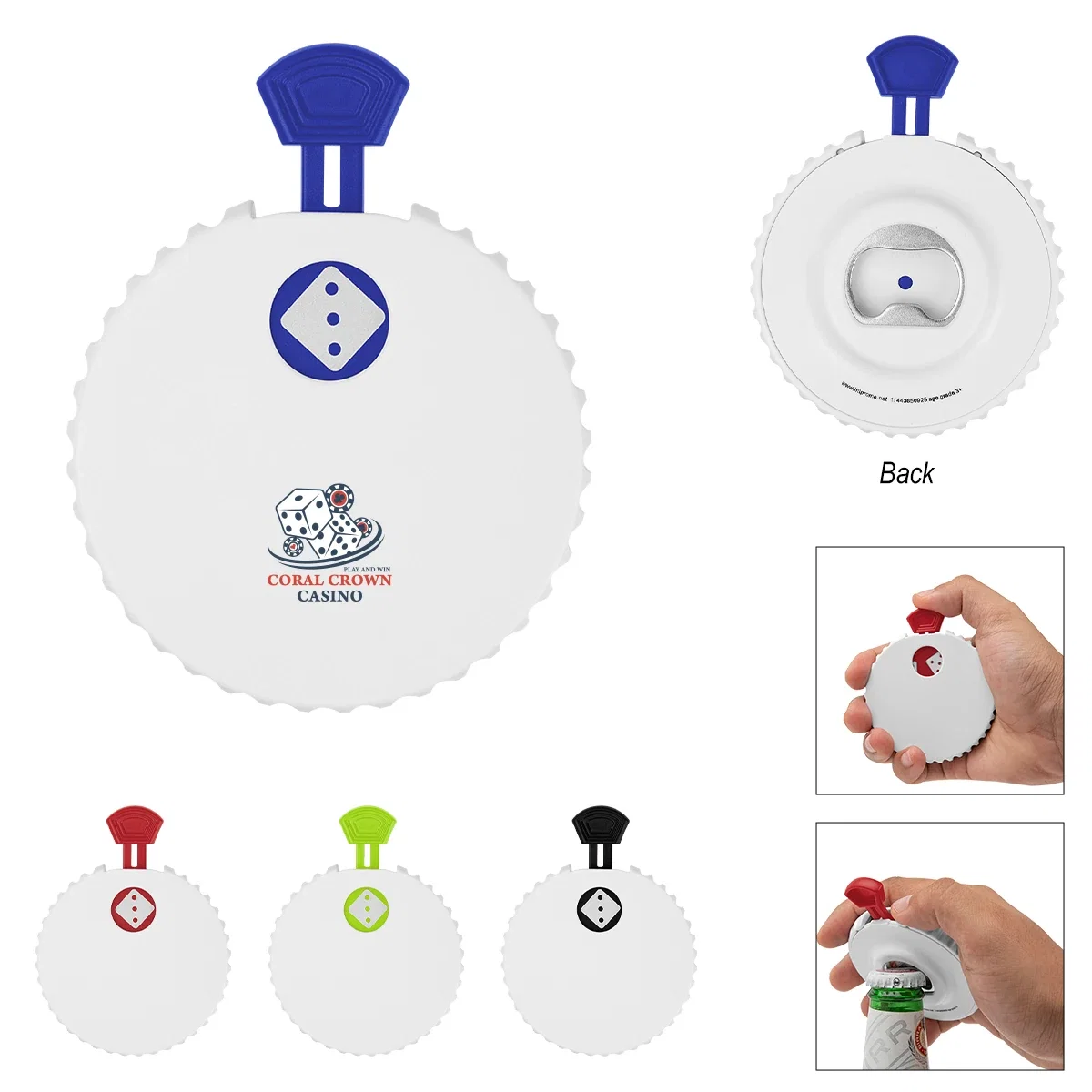 Recycled dice clicker and bottle opener in white with color trim