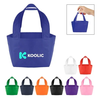 Custom recycled non-woven tote bag with short handles and gusseted base