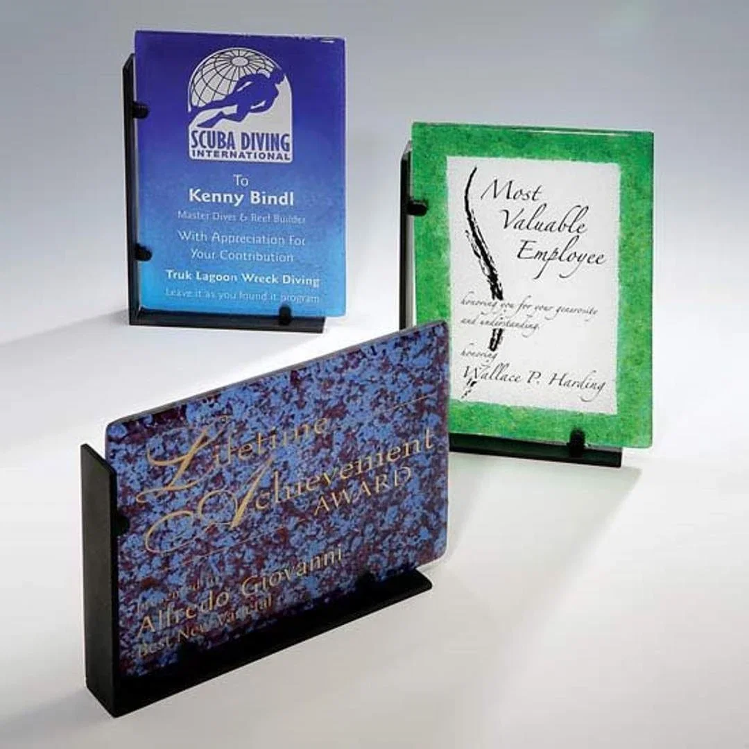 Custom Recycled Glass Award on Reclaimed Scrap Metal Base for employee recognition