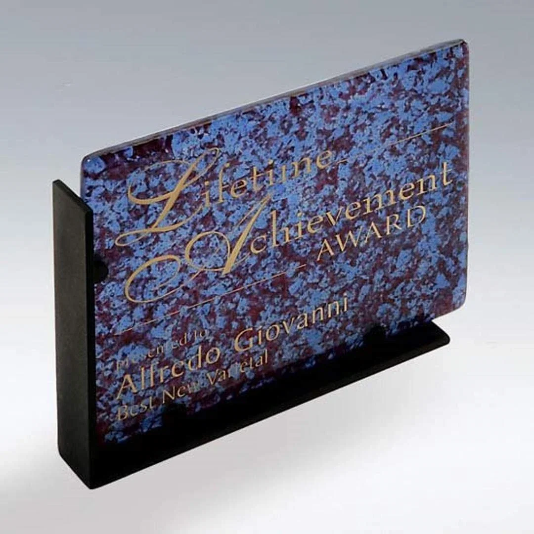 Custom Recycled Glass Award on Reclaimed Scrap Metal Base for corporate award ceremonies