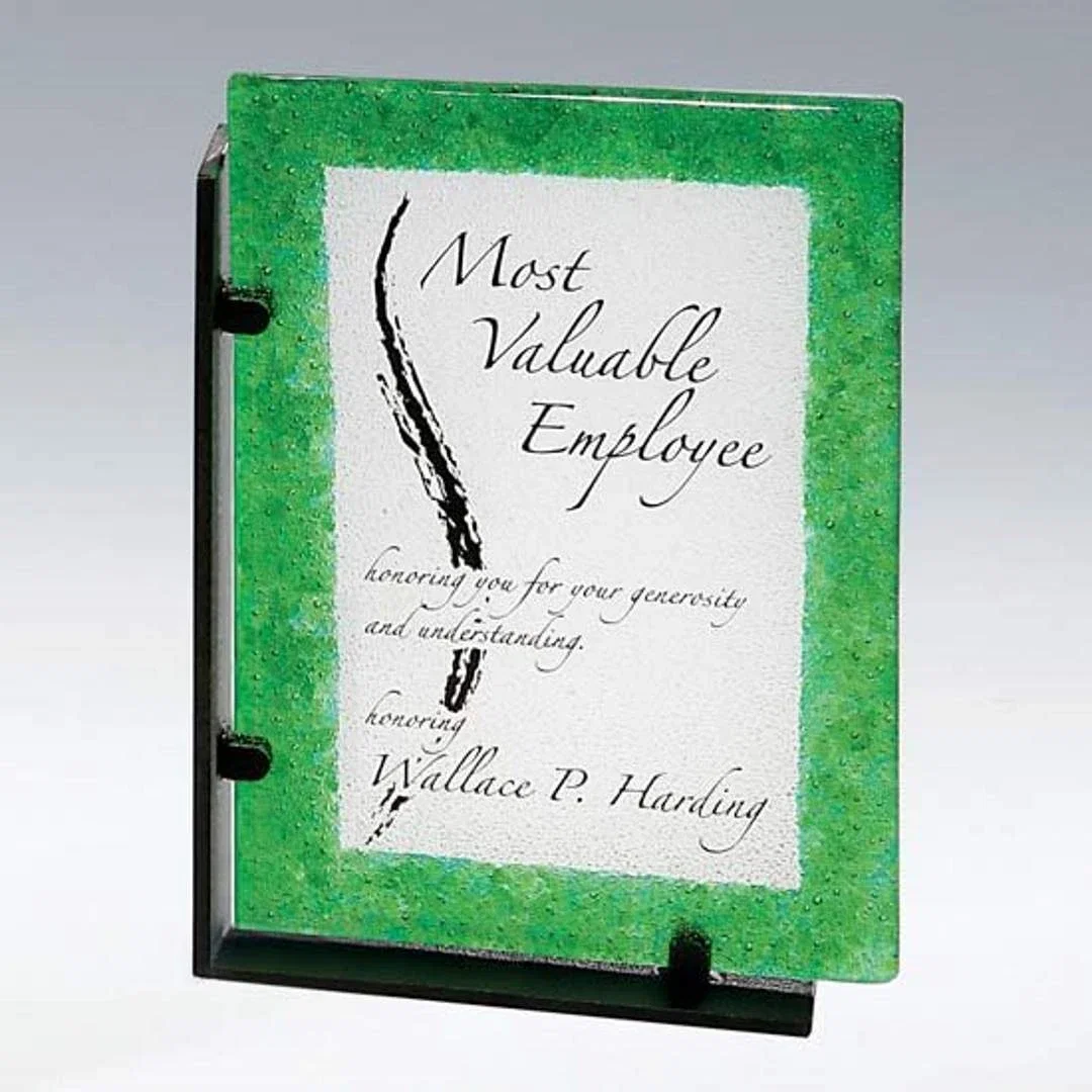 Custom Recycled Glass Award on Reclaimed Scrap Metal Base for service anniversary gifts