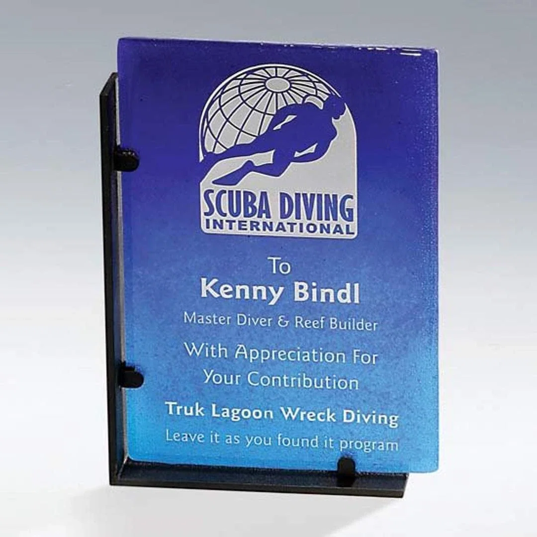 Custom Recycled Glass Award on Reclaimed Scrap Metal Base for sales achievement awards