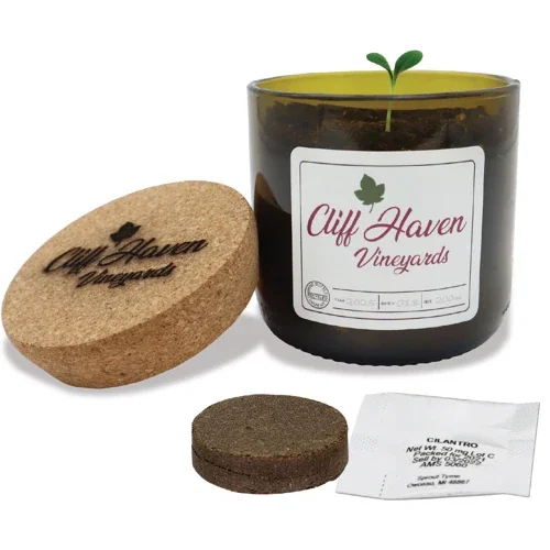 Recycled Wine Bottle Grow Kit with full-color label and cork lid, hero front view