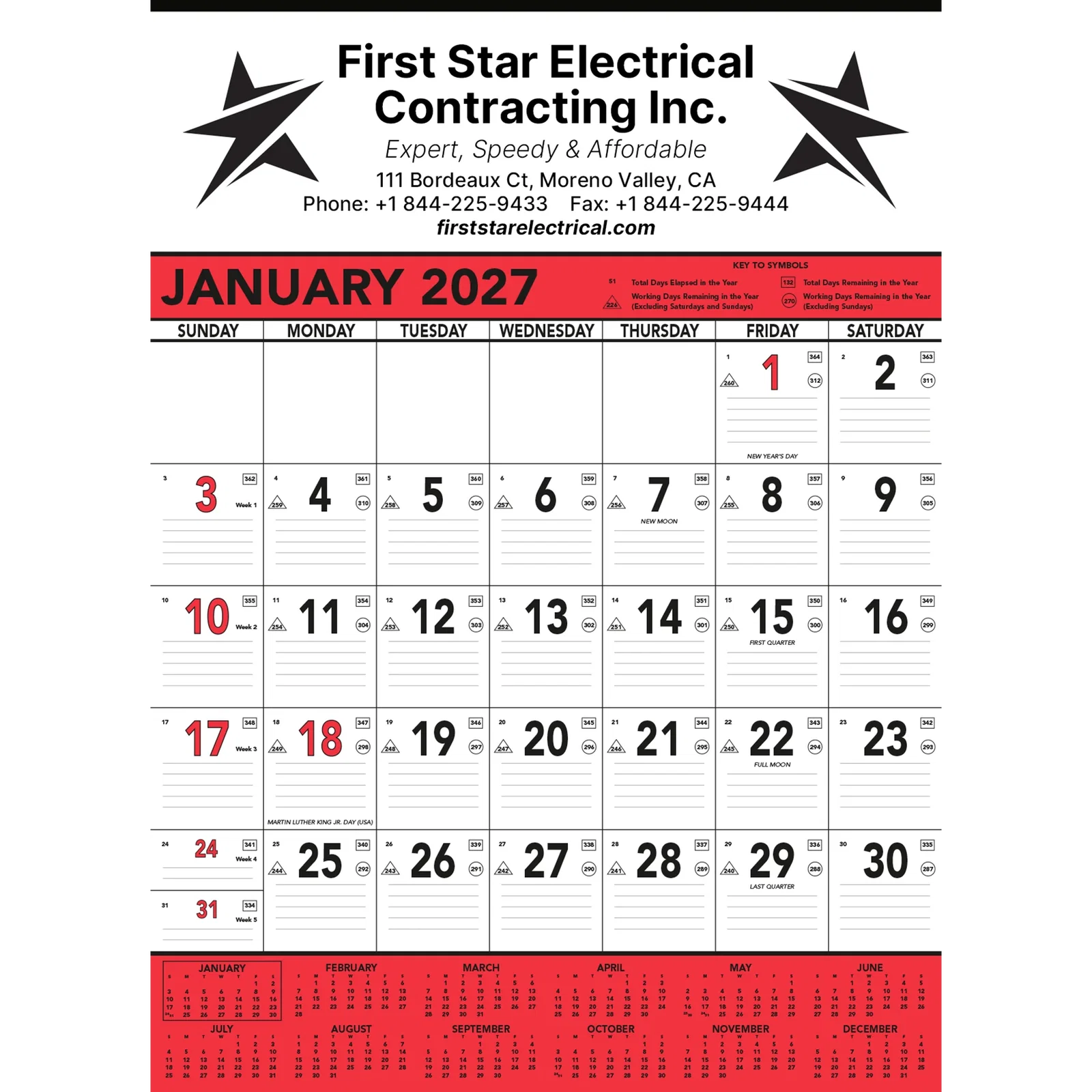 Commercial Planner Wall Calendar: Red & Black 2025, 1 Color Imprint