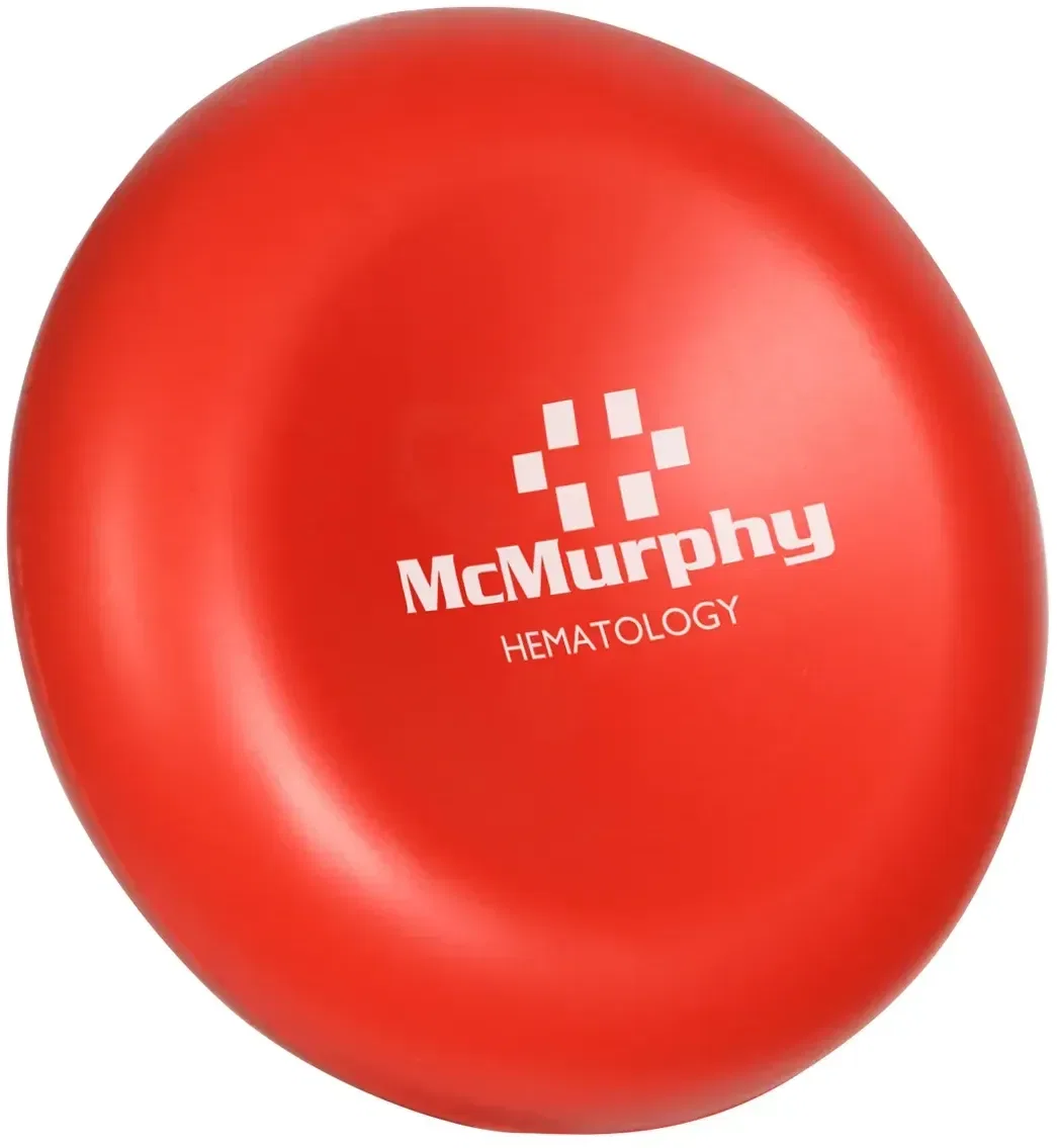 Red blood cell custom stress reliever, branded promotional squeeze toy for healthcare logo giveaways