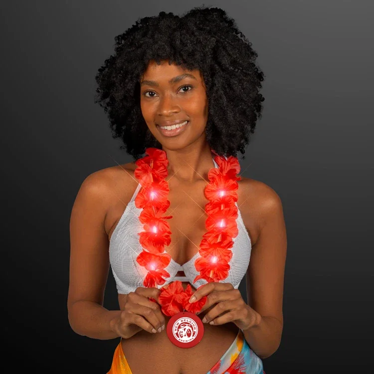 Red Flower Hawaiian Lei with Custom Medallion being worn