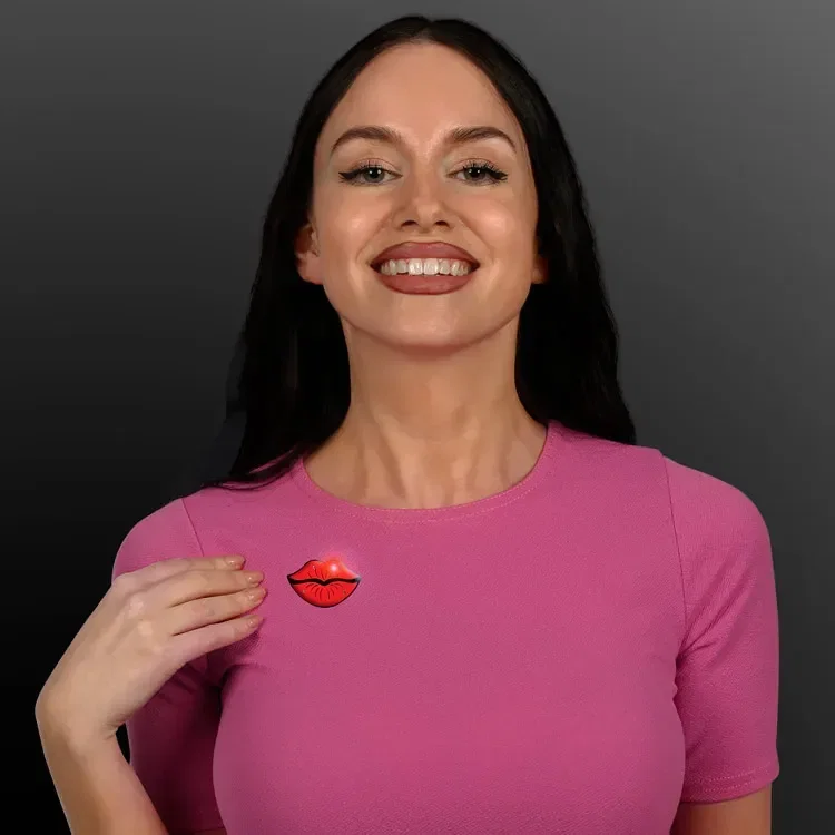 Red Kissing Lips LED Flashing Lapel Pin being worn