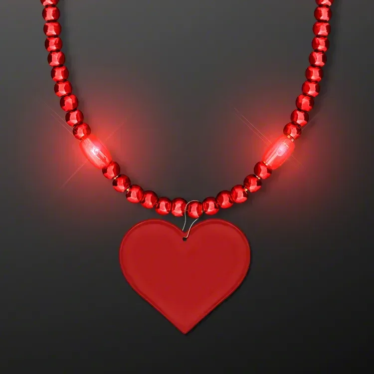 Red Light Up Mardi Gras Beads with Heart Medallion — view 2