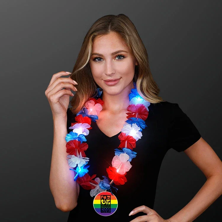 Red, White, and Blue LED Flashing Hawaiian Lei with Rainbow Medallion — view 2