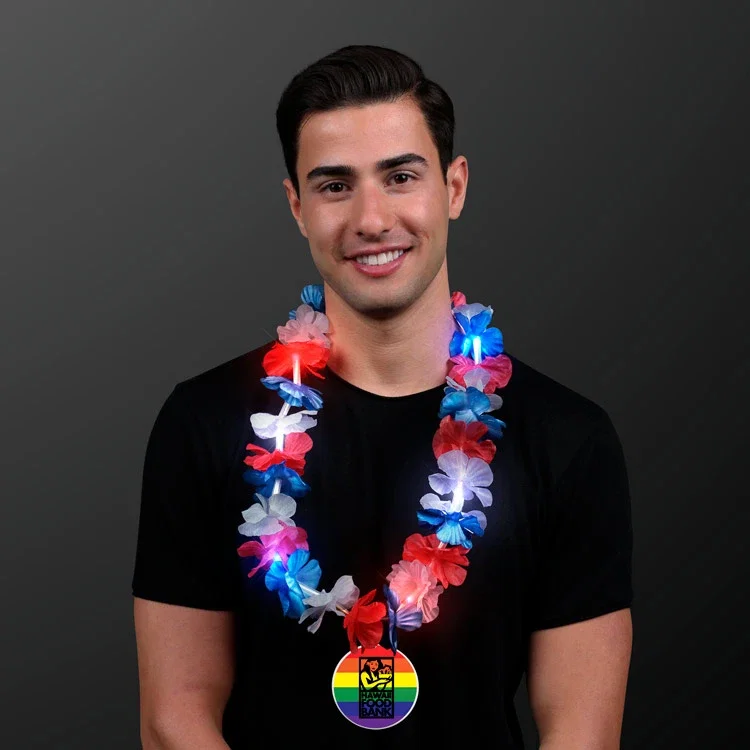 Red, White, and Blue LED Flashing Hawaiian Lei with Rainbow Medallion being worn