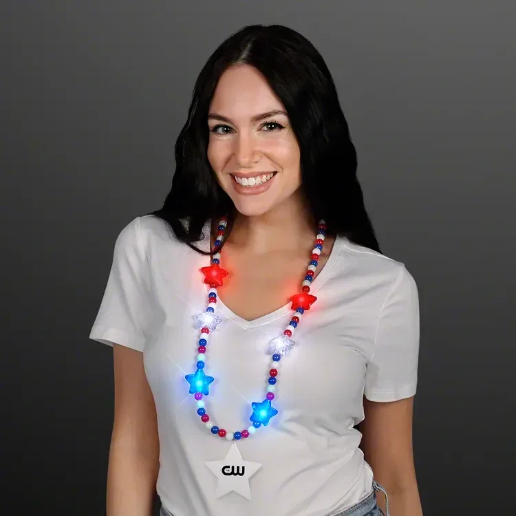 Red White & Blue Light Up Star Beads with Star Medallions being worn
