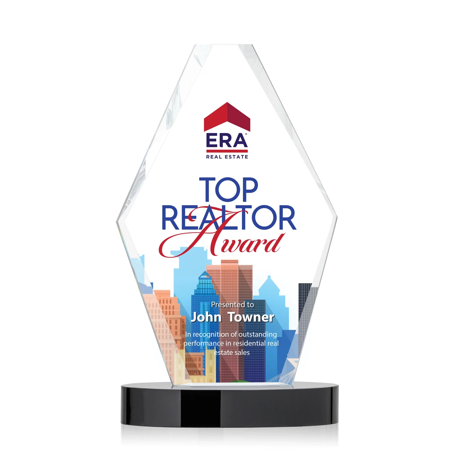Personalized Starfire Crystal Hexagon Award on Oval Base, awards for employee recognition