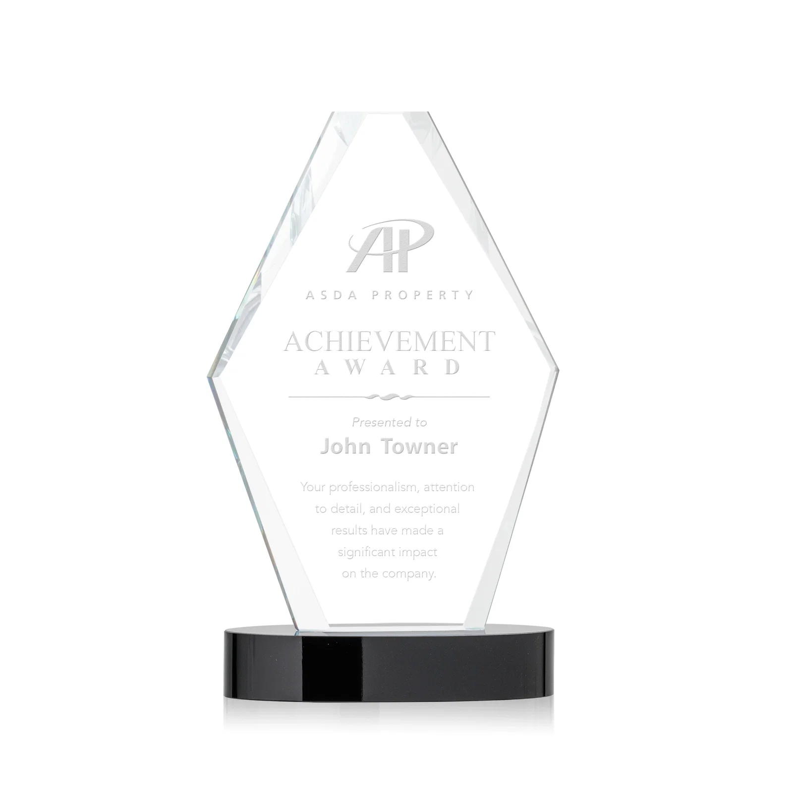 Custom Starfire Crystal Hexagon Award on Oval Base, awards for corporate award ceremonies