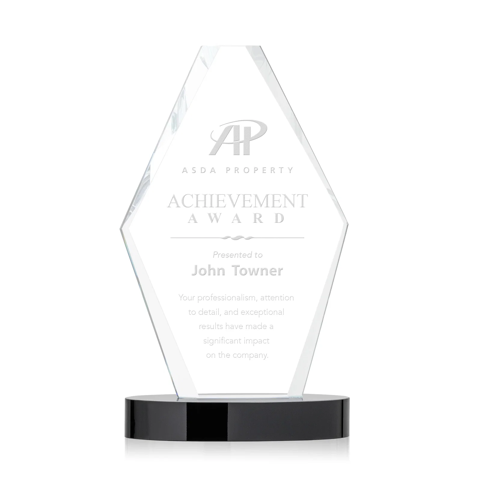 Custom Starfire Crystal Hexagon Award on Oval Base, awards for service anniversary gifts