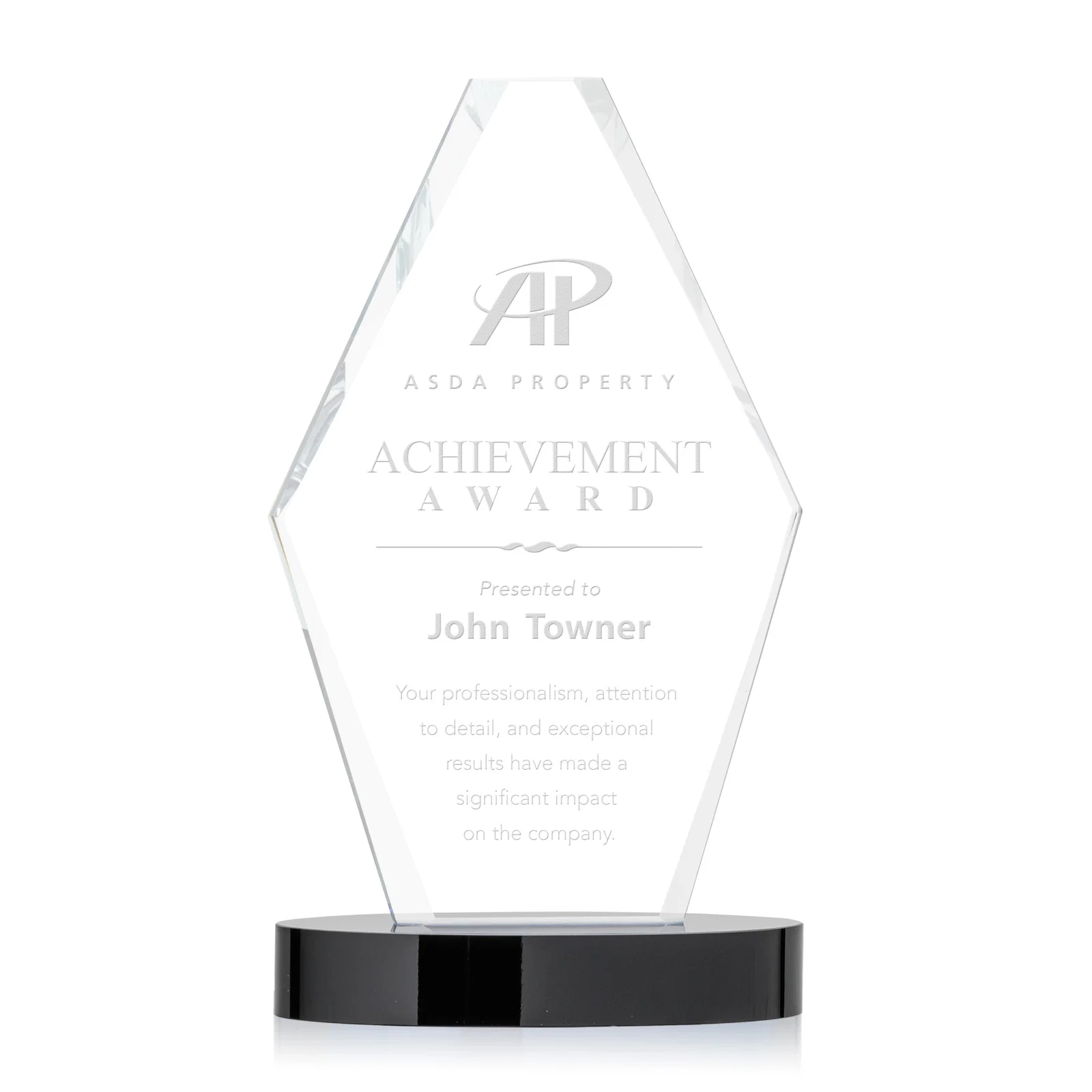 Custom Starfire Crystal Hexagon Award on Oval Base, awards for sales achievement awards