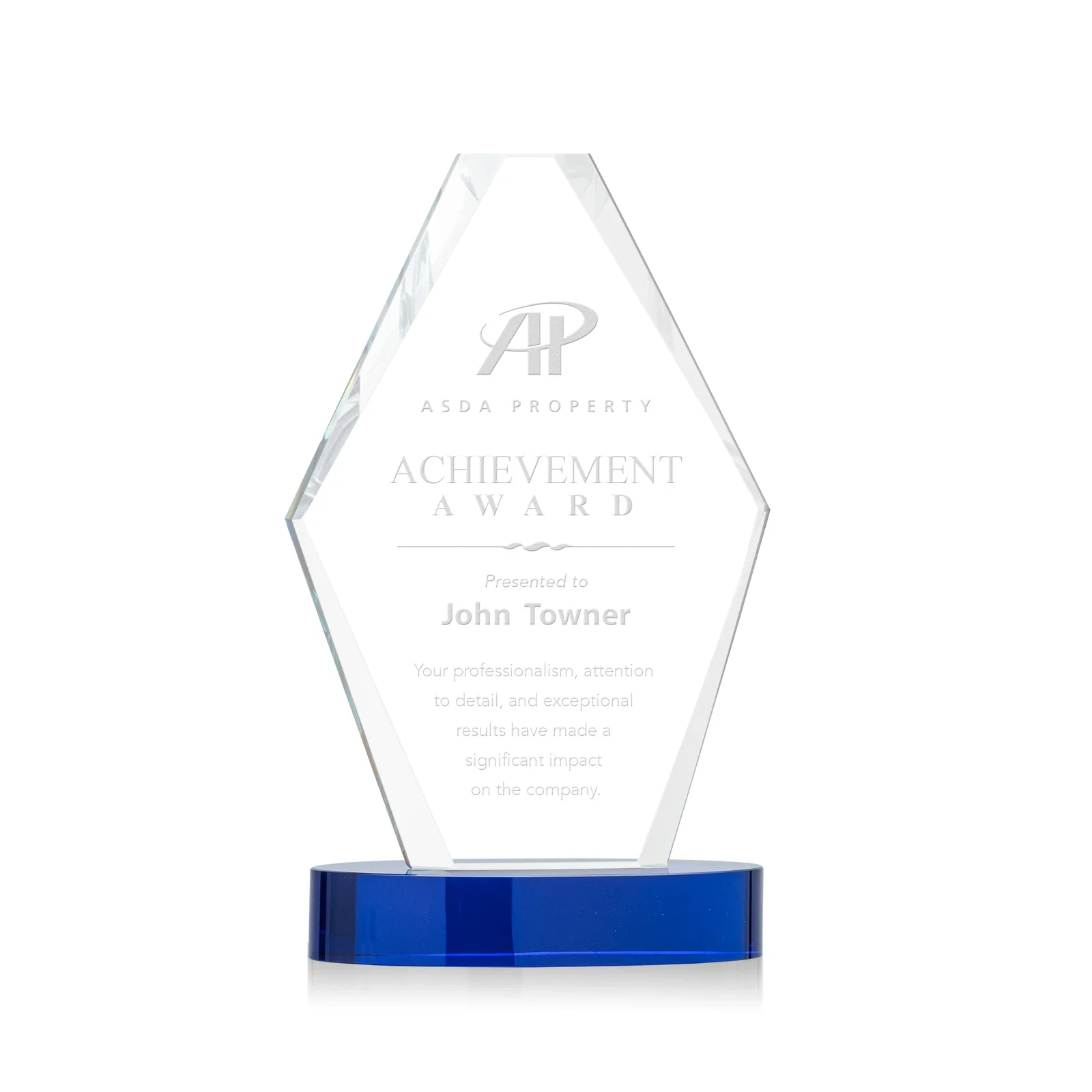 Custom Starfire Crystal Hexagon Award on Oval Base, awards for donor appreciation