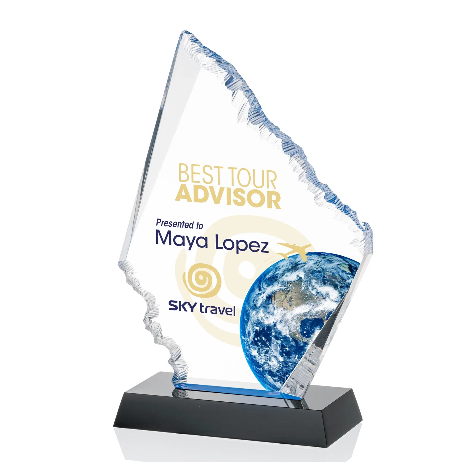 Custom Acrylic Award with Blue Chipped Edges on Black Base for volunteer appreciation