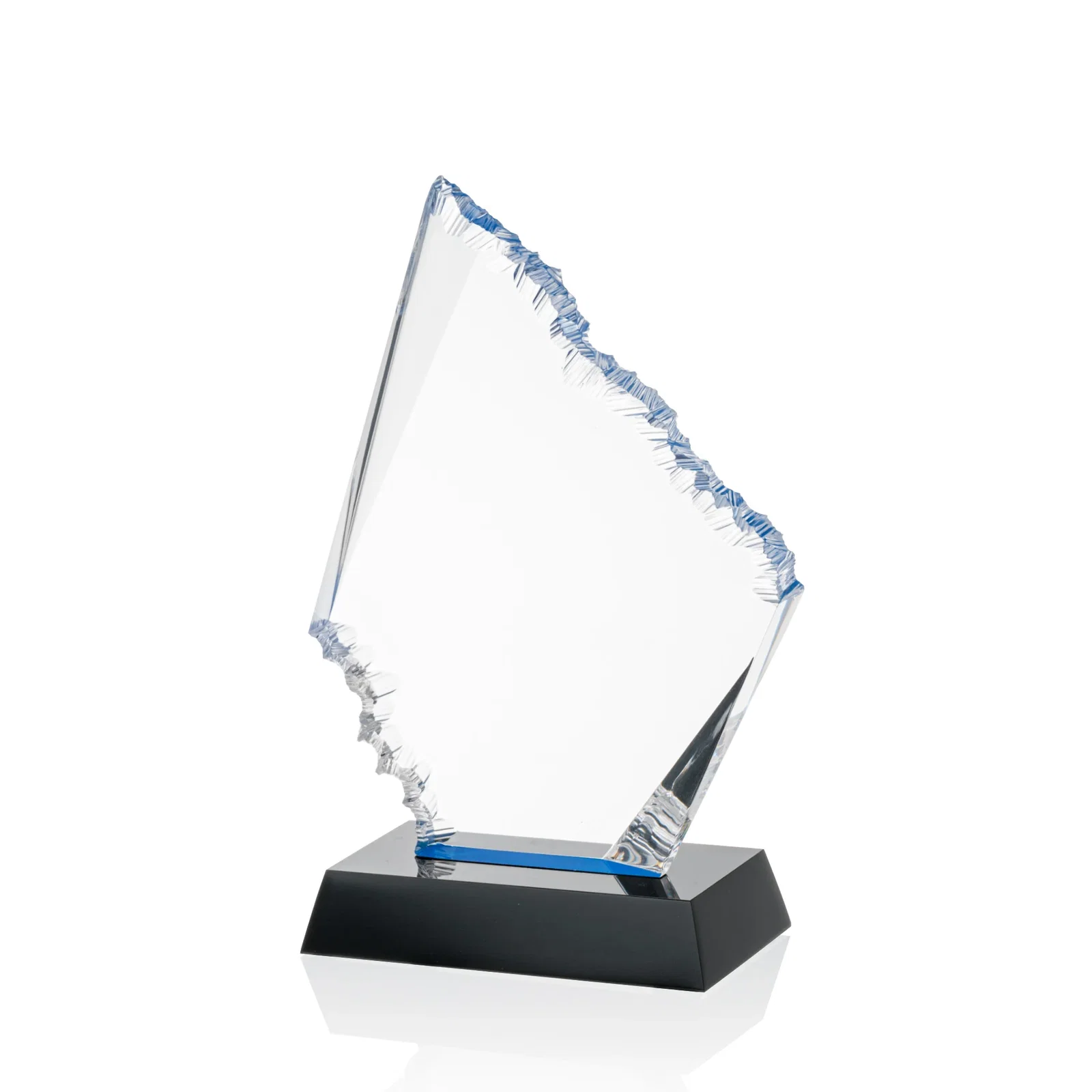 Custom Acrylic Award with Blue Chipped Edges on Black Base for company anniversary events
