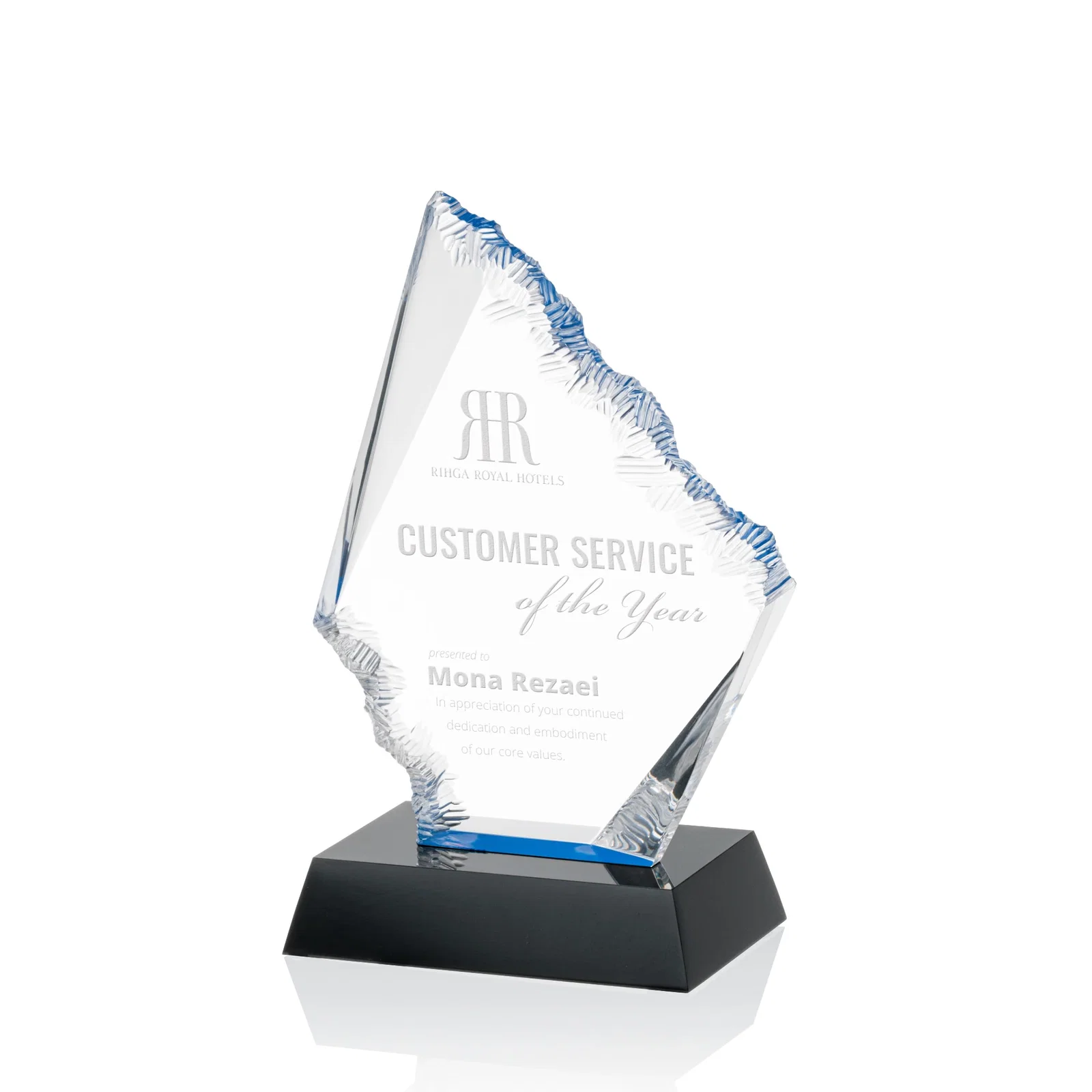 Custom Acrylic Award with Blue Chipped Edges on Black Base for corporate award ceremonies