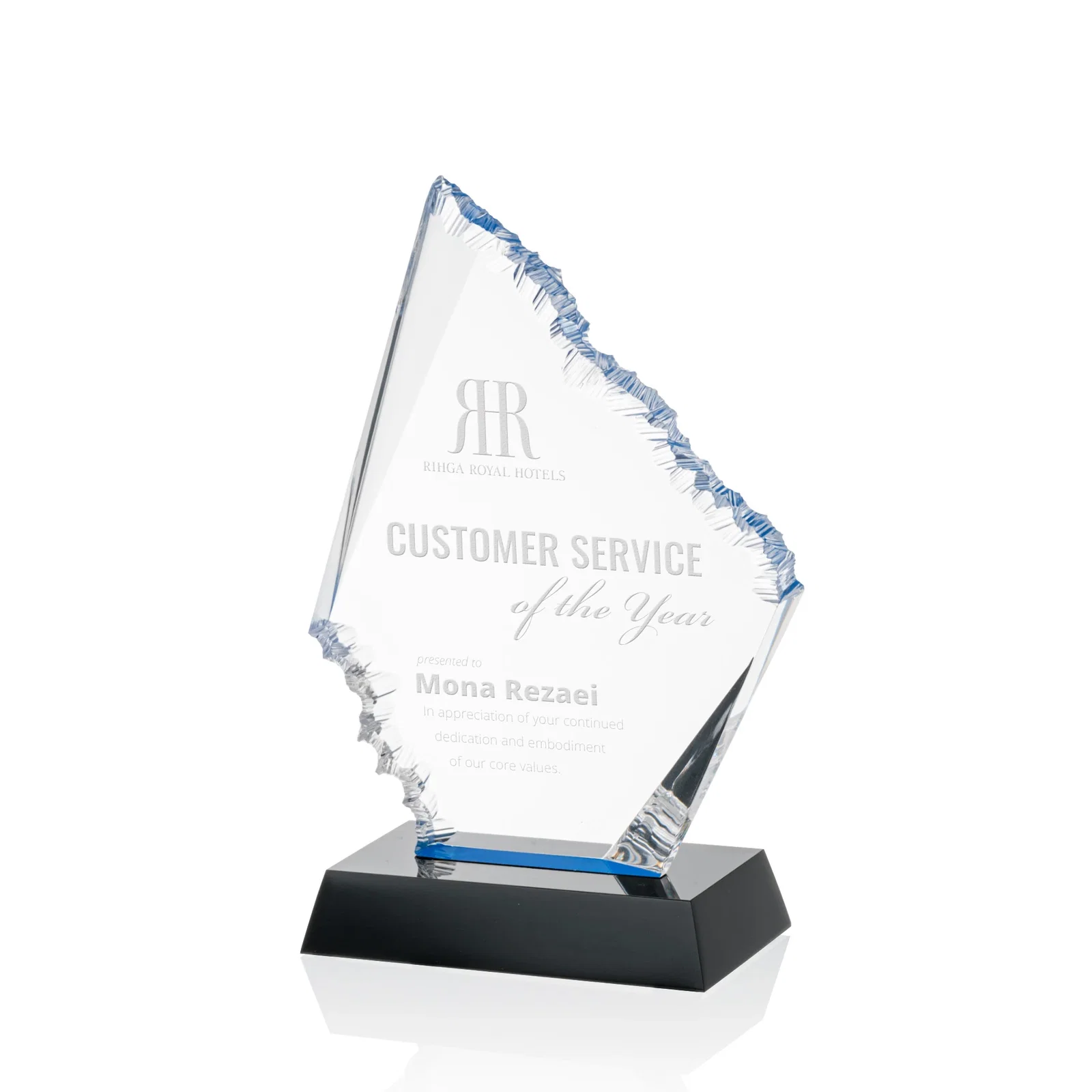 Custom Acrylic Award with Blue Chipped Edges on Black Base for service anniversary gifts