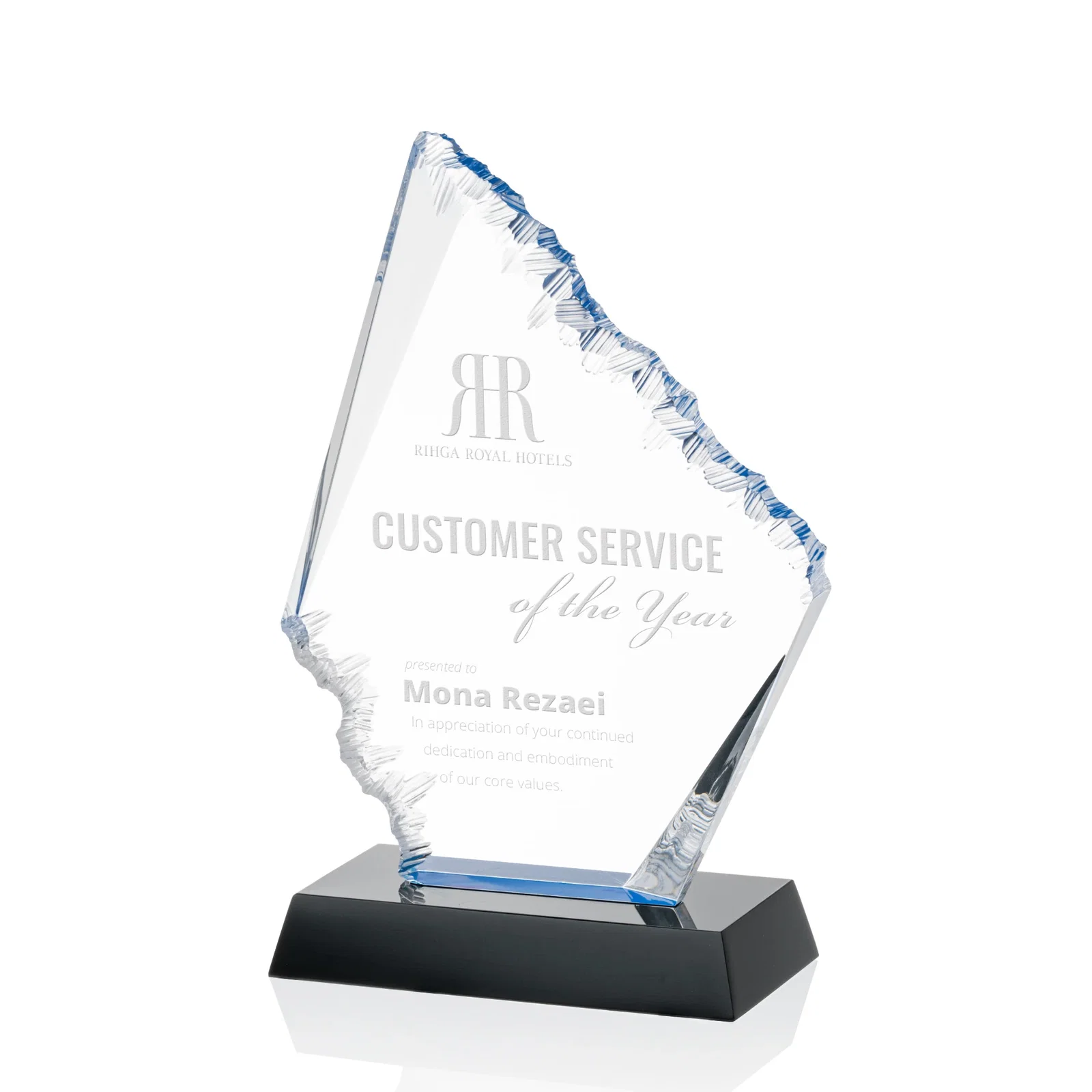 Custom Acrylic Award with Blue Chipped Edges on Black Base for sales achievement awards