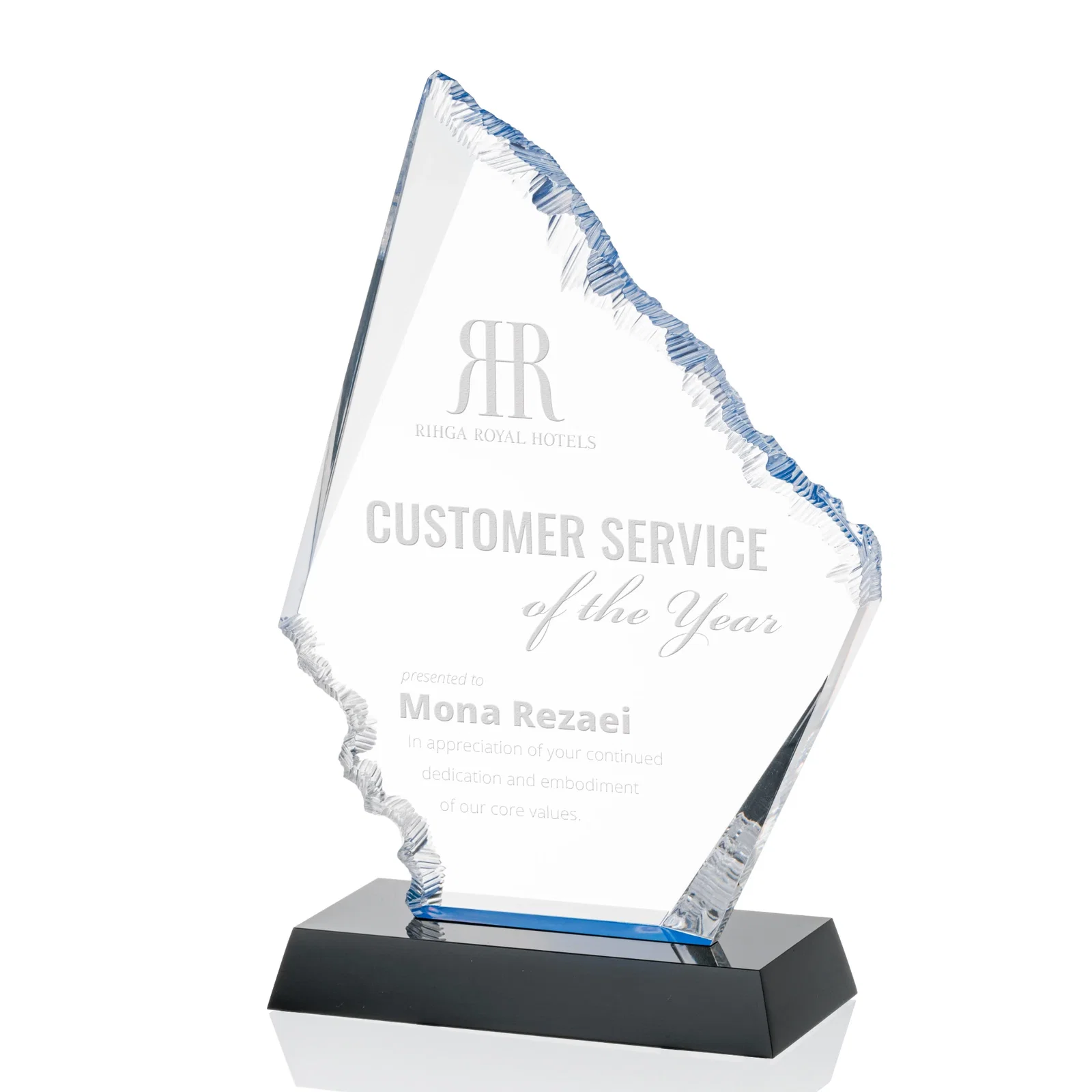 Custom Acrylic Award with Blue Chipped Edges on Black Base for retirement presentations