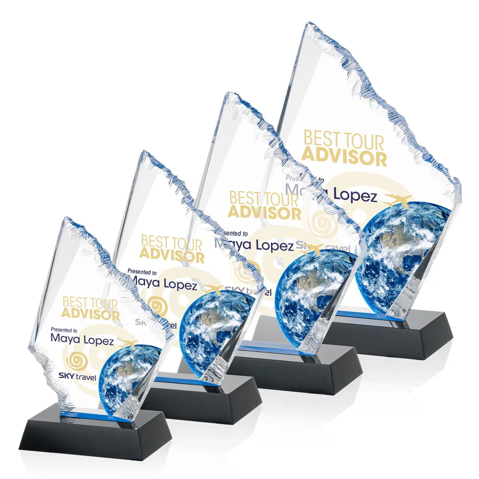 Custom Acrylic Award with Blue Chipped Edges on Black Base for team milestone celebrations