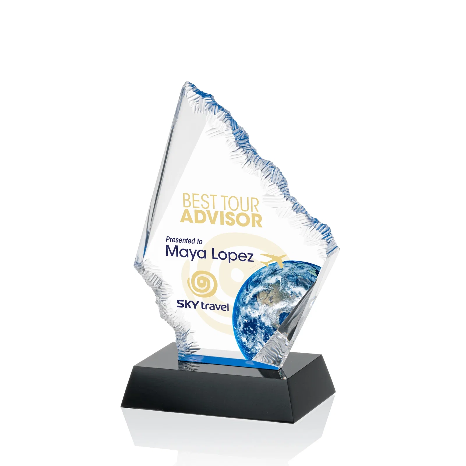 Custom Acrylic Award with Blue Chipped Edges on Black Base for donor appreciation