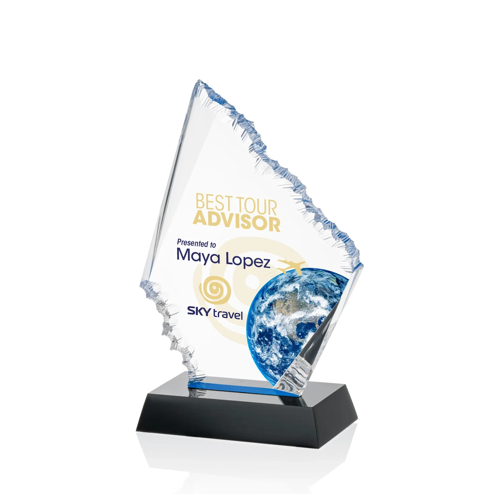 Custom Acrylic Award with Blue Chipped Edges on Black Base for graduation ceremonies