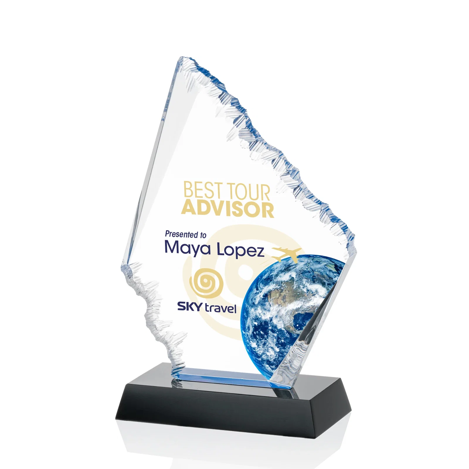 Custom Acrylic Award with Blue Chipped Edges on Black Base for safety achievement programs