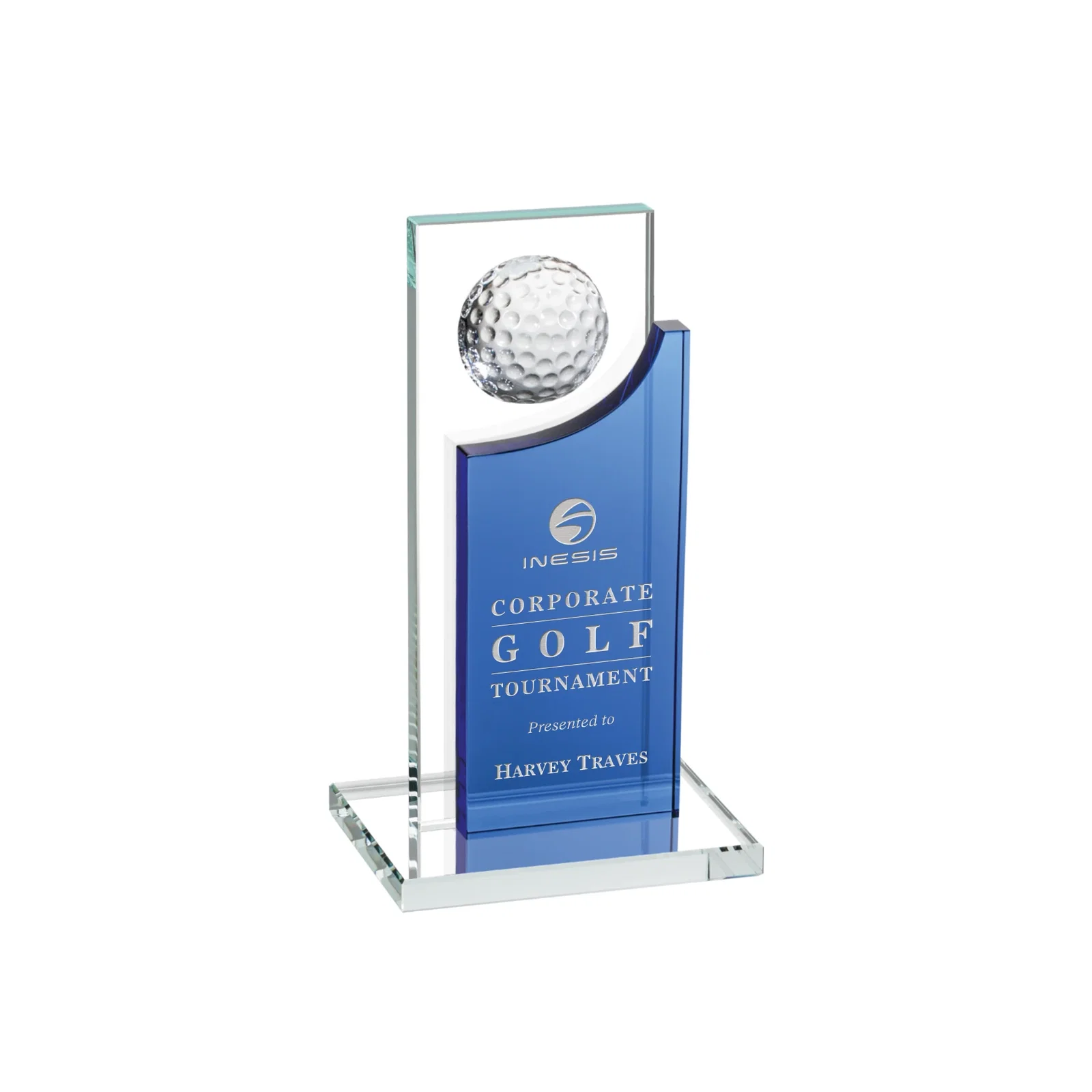 Custom Optical Crystal Award with Half-Cut Golf Ball on Colored Frame for volunteer appreciation