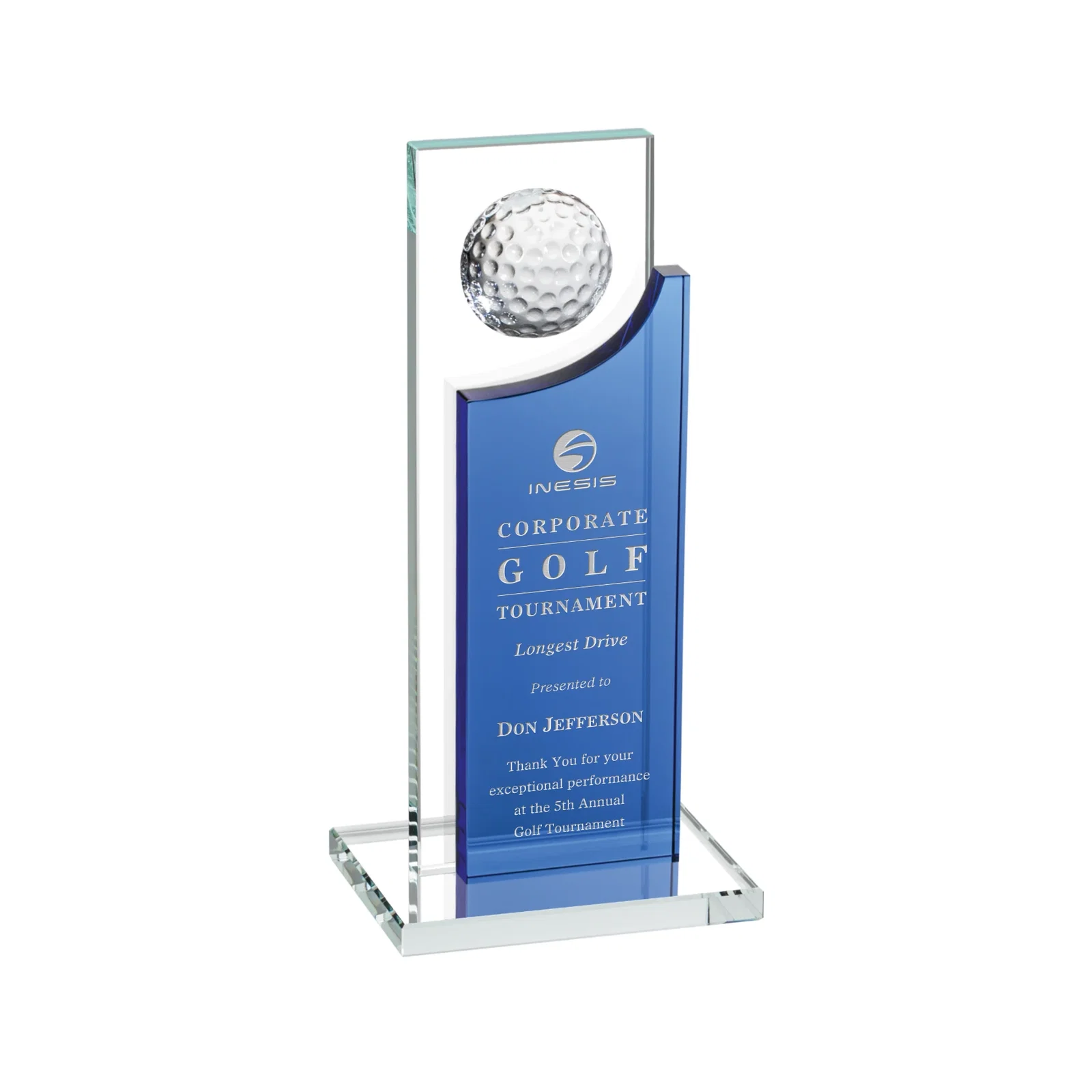 Custom Optical Crystal Award with Half-Cut Golf Ball on Colored Frame for dealer and partner awards