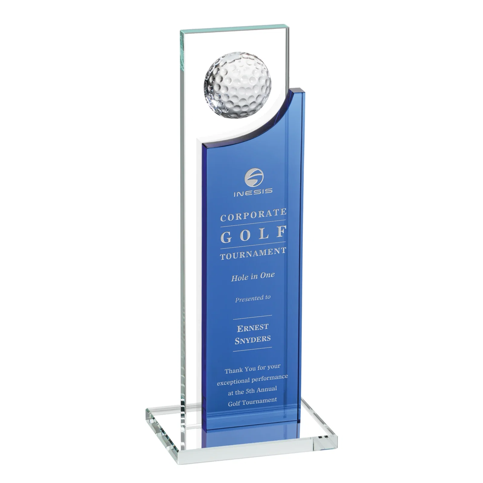 Custom Optical Crystal Award with Half-Cut Golf Ball on Colored Frame for company anniversary events