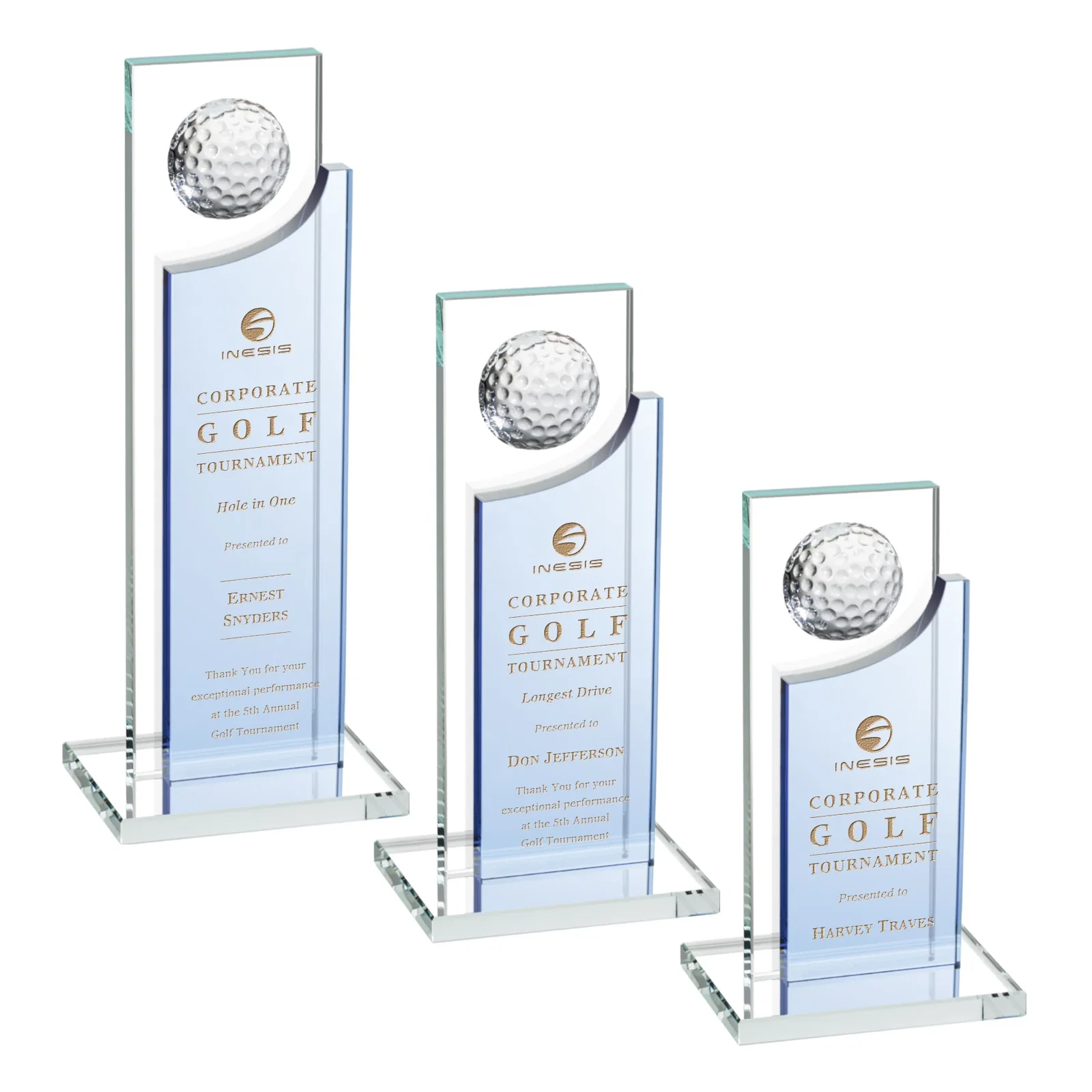 Personalized Optical Crystal Award with Half-Cut Golf Ball on Colored Frame for employee recognition