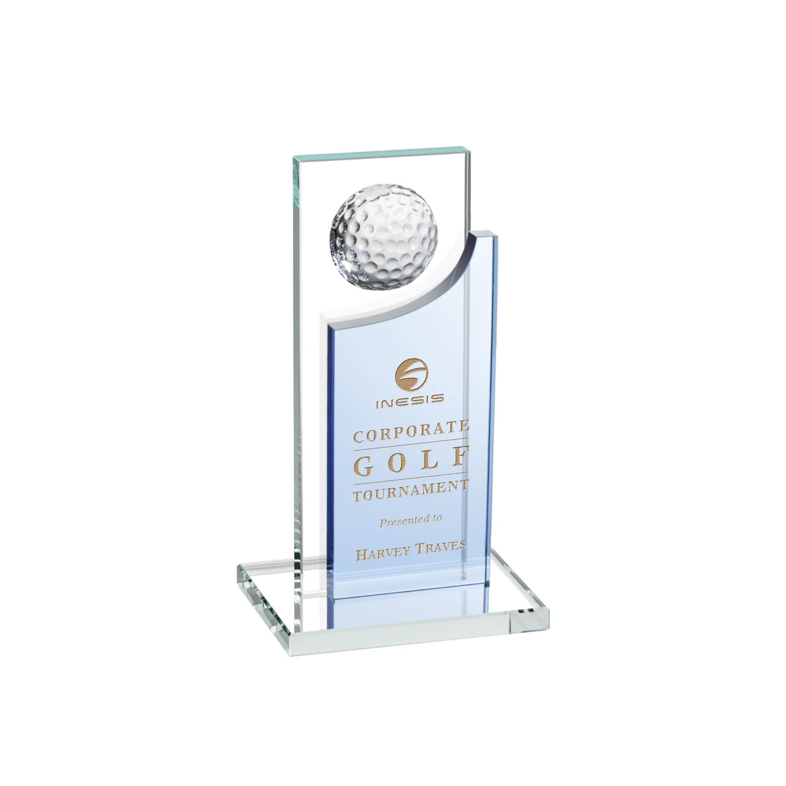 Personalized Optical Crystal Award with Half-Cut Golf Ball on Colored Frame for corporate award ceremonies