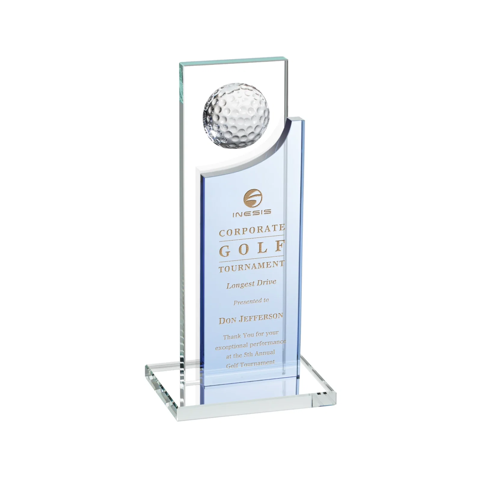 Personalized Optical Crystal Award with Half-Cut Golf Ball on Colored Frame for service anniversary gifts