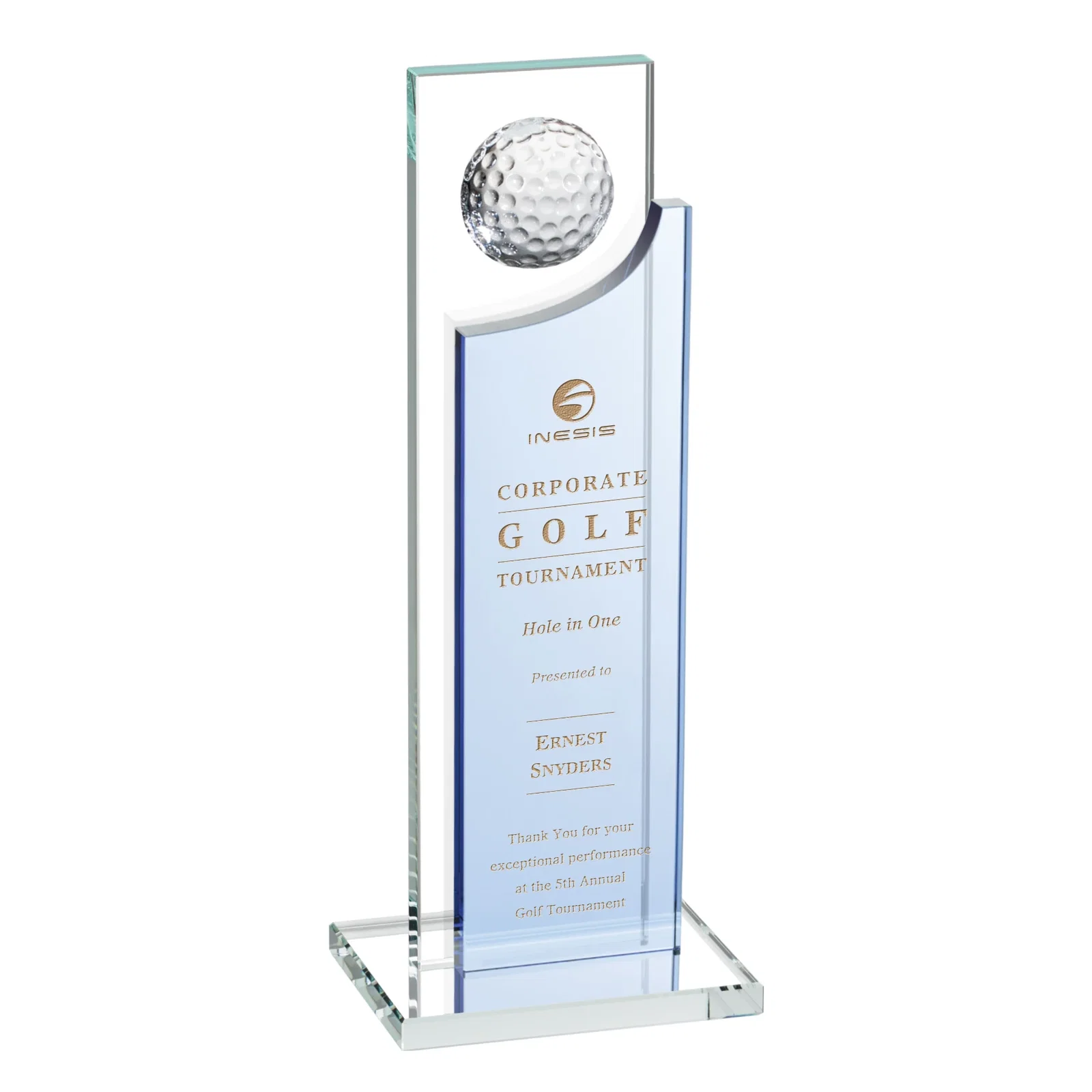 Personalized Optical Crystal Award with Half-Cut Golf Ball on Colored Frame for sales achievement awards