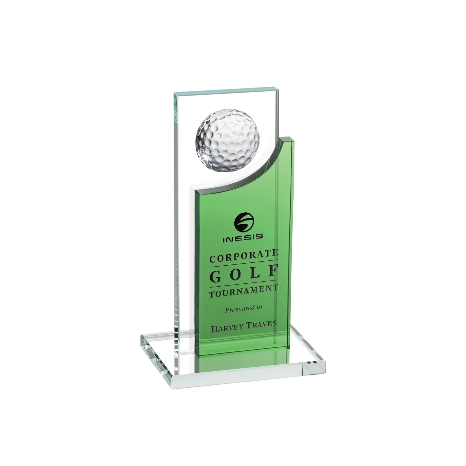 Custom Optical Crystal Award with Half-Cut Golf Ball on Colored Frame for corporate award ceremonies